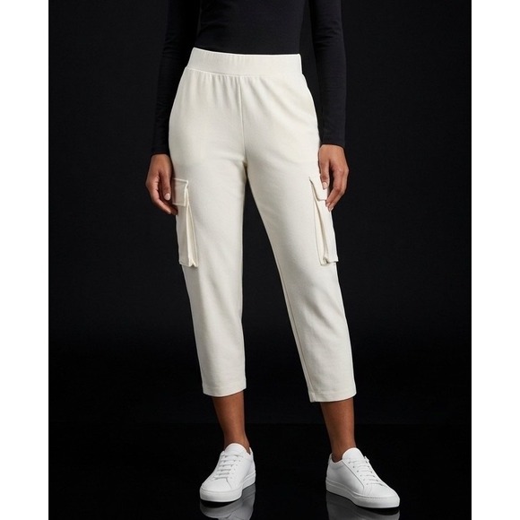 WynneLayers Pants - Wynne Layers Womens Cream Cargo Crop Pants XS Off White Elastic Waist Stretch